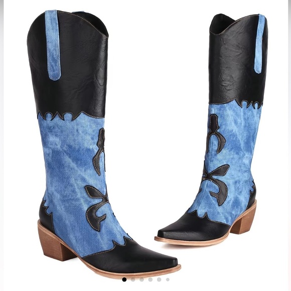 Shoes - Women Denim Cowboy Boots with Black Accents